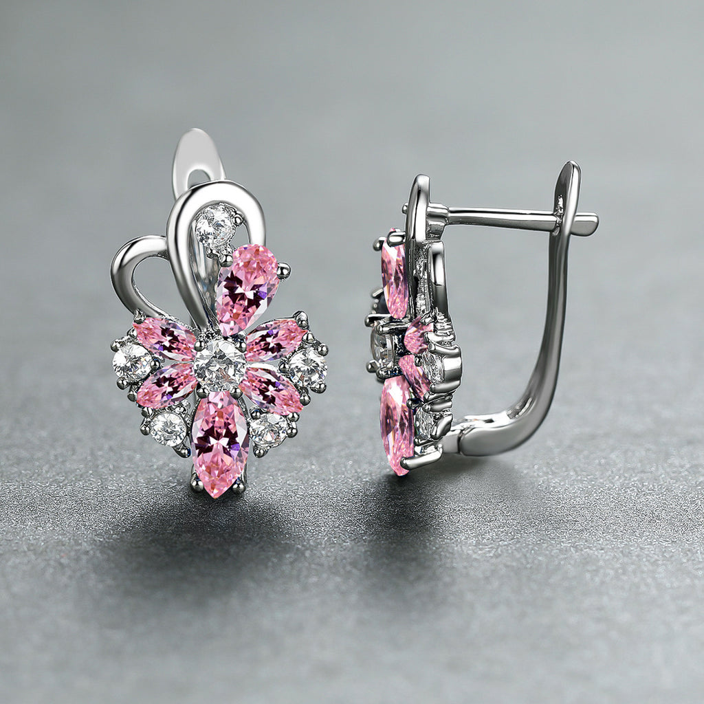 Flower drop-shaped zircon earrings with pink and clear stones in silver-tone settings