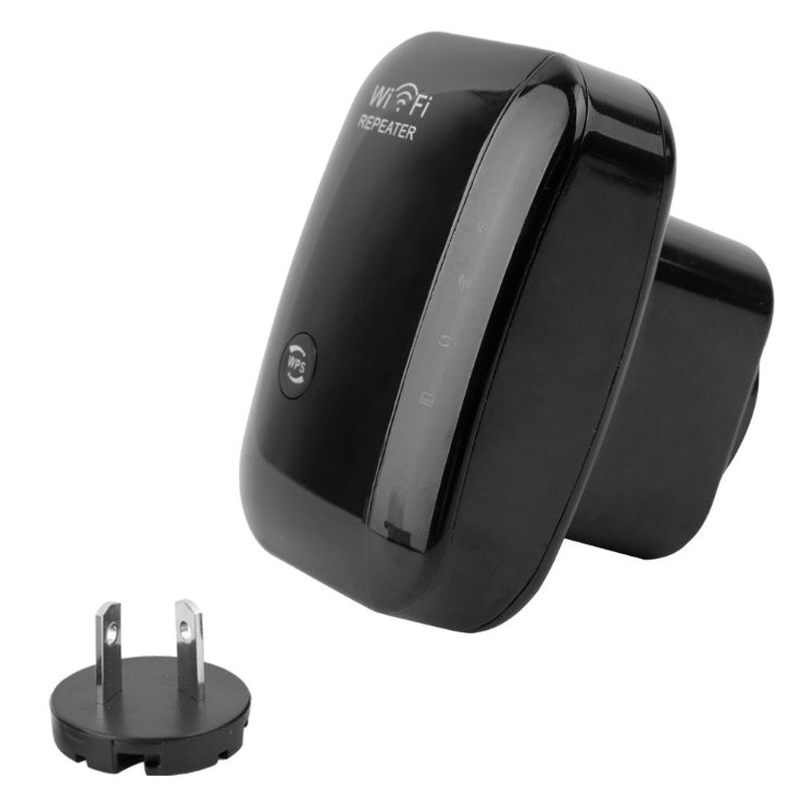 WiFi repeater plug-in extender, black body with wall plug and front LED panel