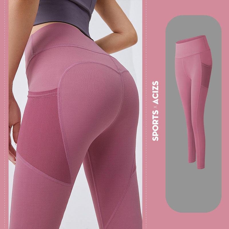 Women’s yoga leggings with phone pocket, dusty pink, high-rise back view.