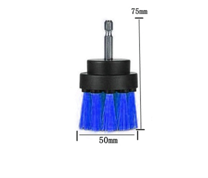 Electric drill cleaning brush head with blue bristles and black base, 50mm wide