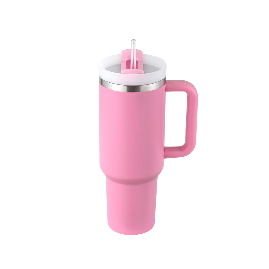 Insulated tumbler with handle, pink finish, stainless lid and clear straw