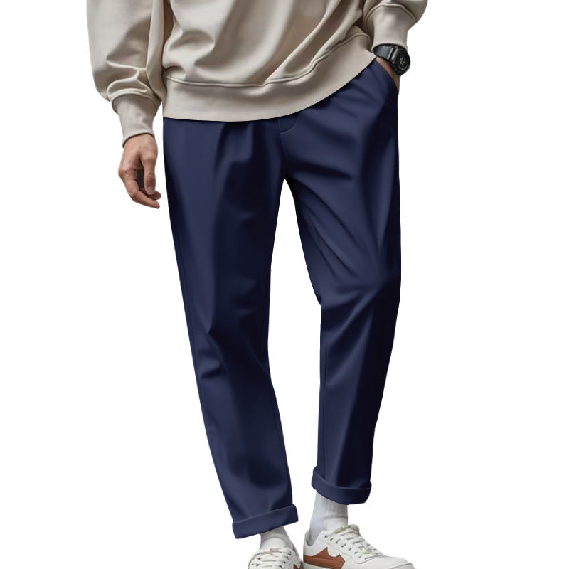 Men's casual trousers with pockets, drawstring waist, deep navy blue