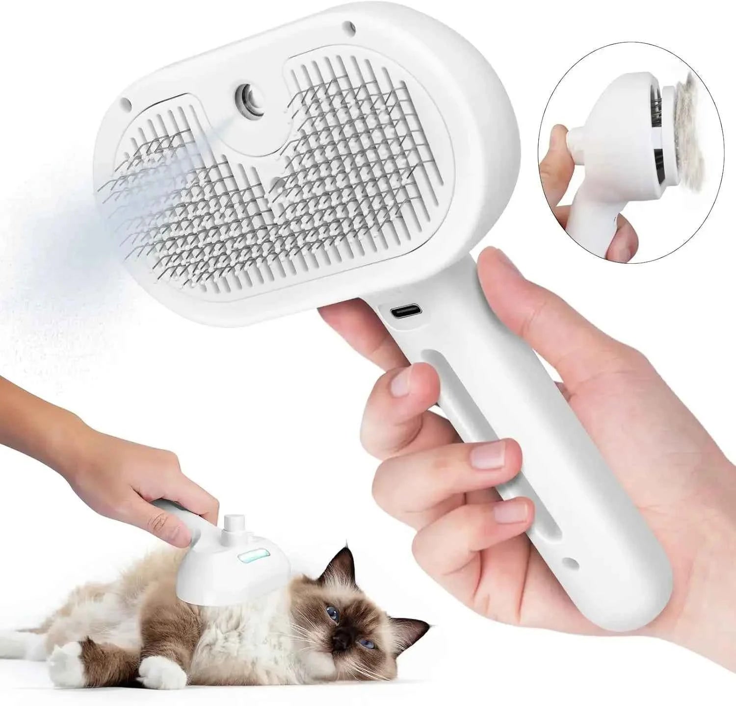 Pet hair grooming brush comb, white oval head with metal pins on handle