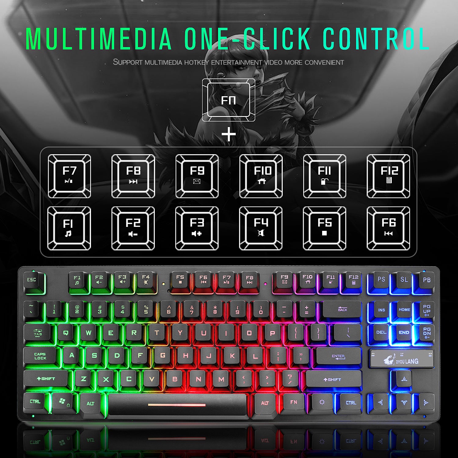 RGB gaming keyboard with rainbow-lit keys and highlighted function row