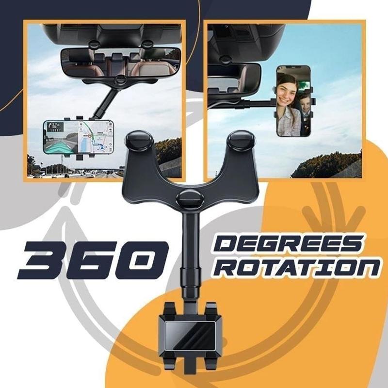 Black rearview mirror phone holder with central clamp and articulating arm