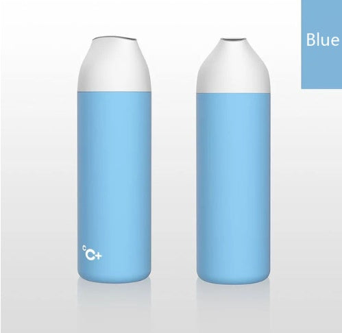 Insulated vacuum thermos bottle with blue body and white top, cC+ marking