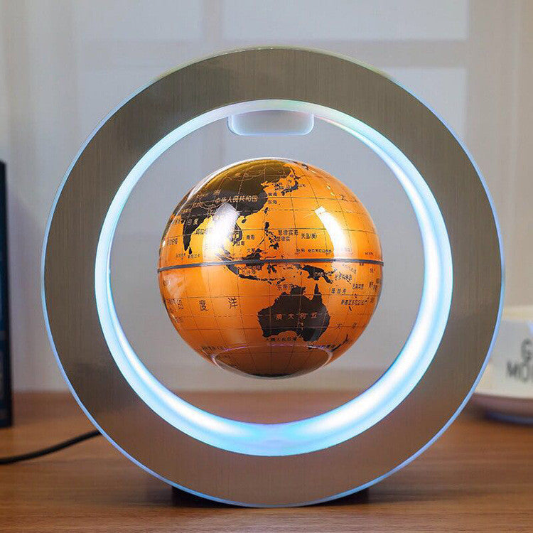 LED floating world map globe on circular base with white glowing ring and orange globe