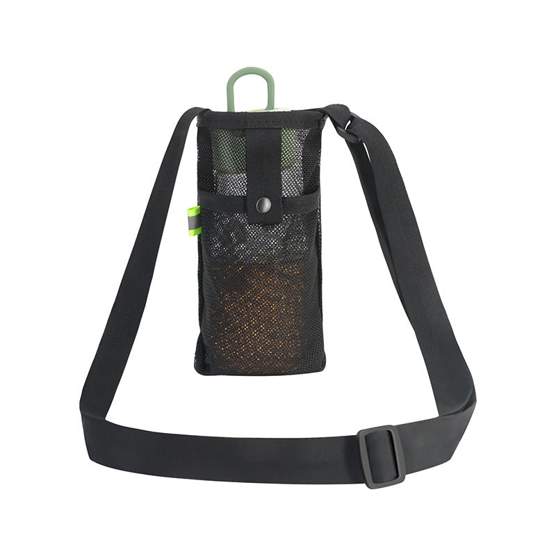 Mesh water bottle holder sling bag in black with adjustable shoulder strap and buckle