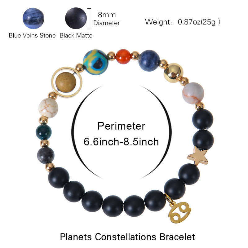 Zodiac beaded bracelet with blue stone and black matte beads, gold hoop and star charms