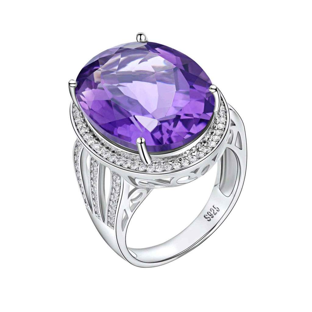 Silver S925 amethyst ring with oval purple gemstone and curved pave halo
