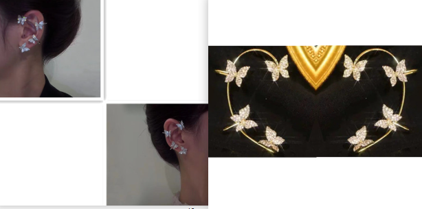 Butterfly ear cuff jewelry shown in multiple views: silver on ear, gold hoop