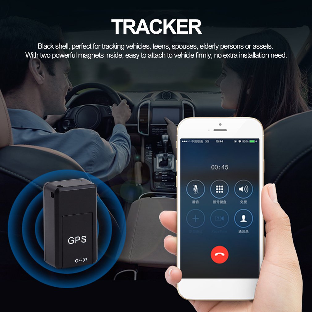 Mini GPS tracker with GPS label and smartphone app display in a car scene
