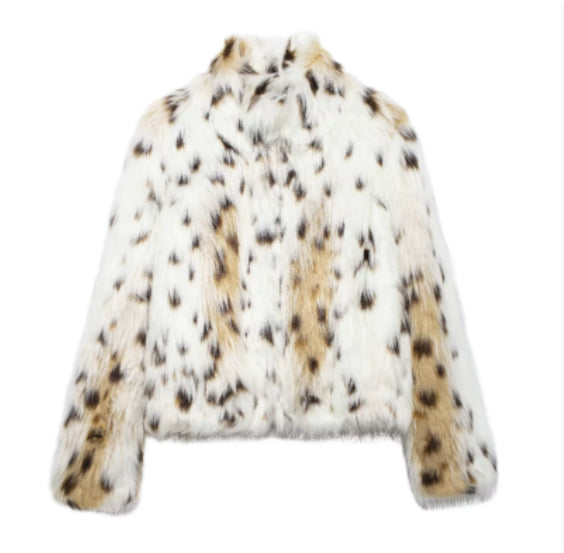 Leopard print plush faux-fur jacket with stand collar and long sleeves