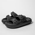 Black thick-soled EVA slide sandals with two adjustable buckle straps