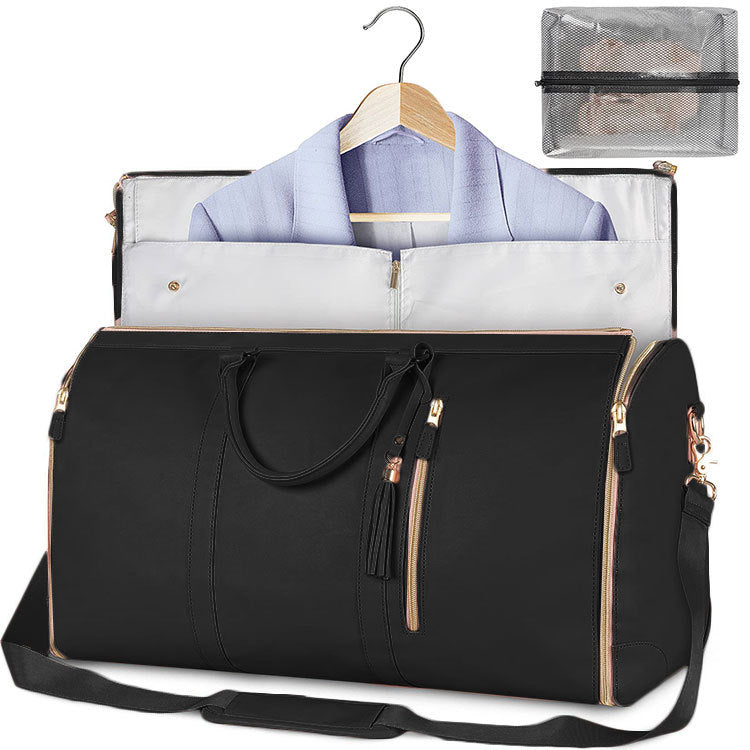 Black travel duffle bag with dark trim, open garment organizer, hanging shirt, shoulder strap