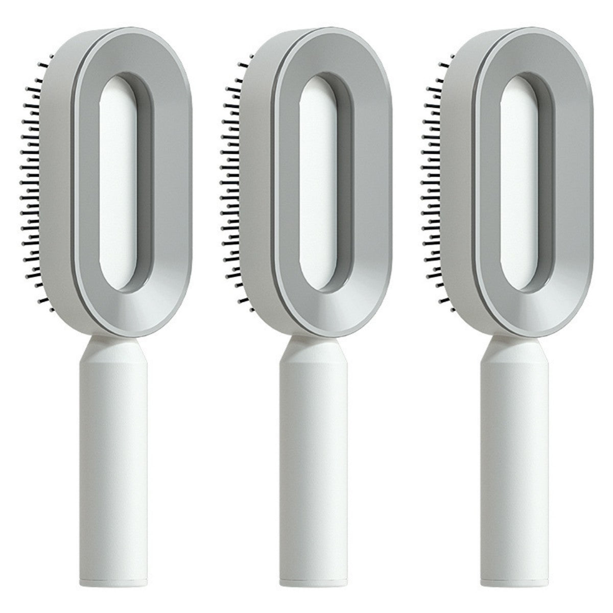 Self-cleaning hair brush set with oval light gray cleaning heads and white handles
