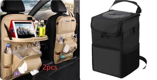 Car seat back storage organizers, beige 2pcs and black hanging PU leather bag with handle