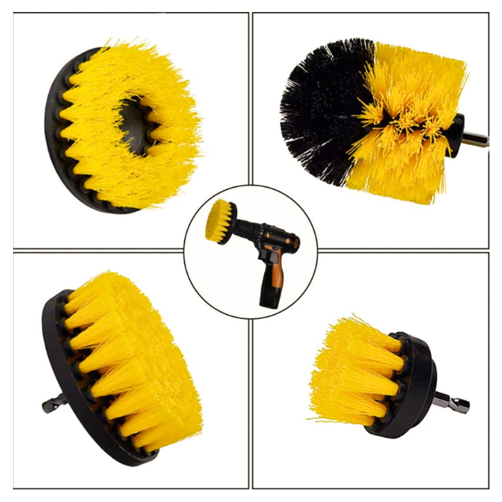 Electric drill cleaning brush set with yellow bristle round scrub heads and mounts