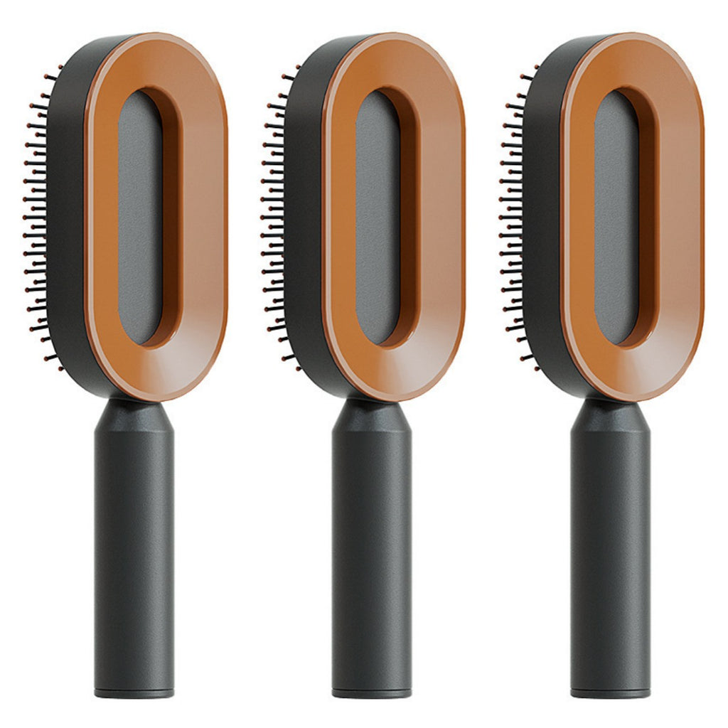Self-cleaning hair brush set with oval tan cleaning heads and black handles