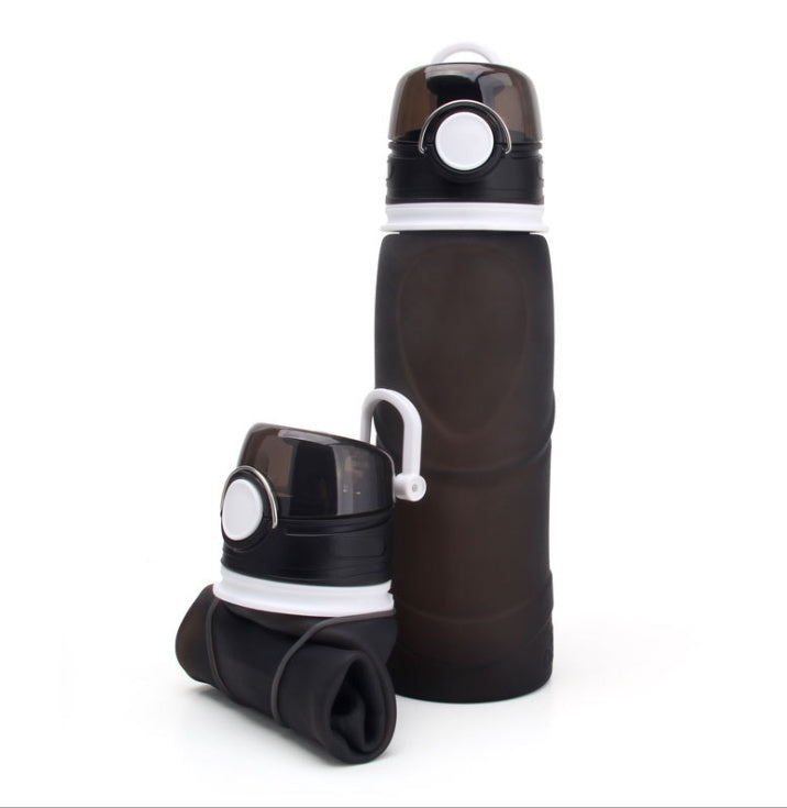 Black folding silicone water bottle with flip-top lid and collapsible base cup