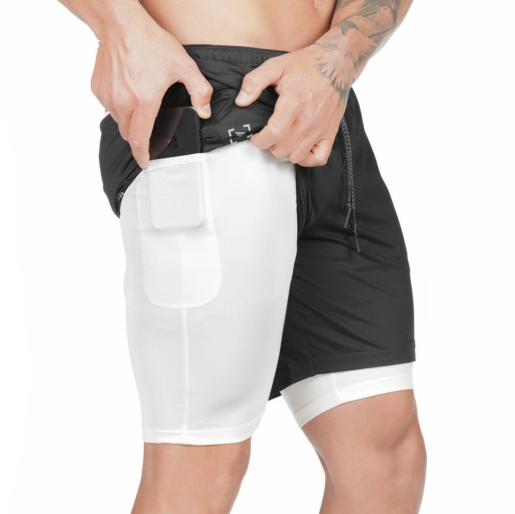 White and black pocket compression shorts with drawstring and front side pocket