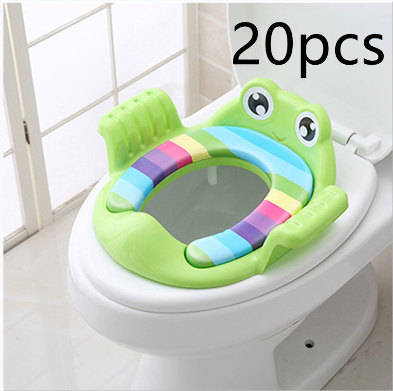 Green toddler toilet seat 20-pack with animal face, striped rim, and side grips
