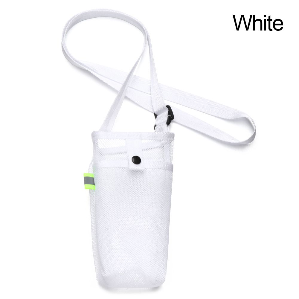 Mesh water bottle holder sling bag in white with adjustable shoulder strap