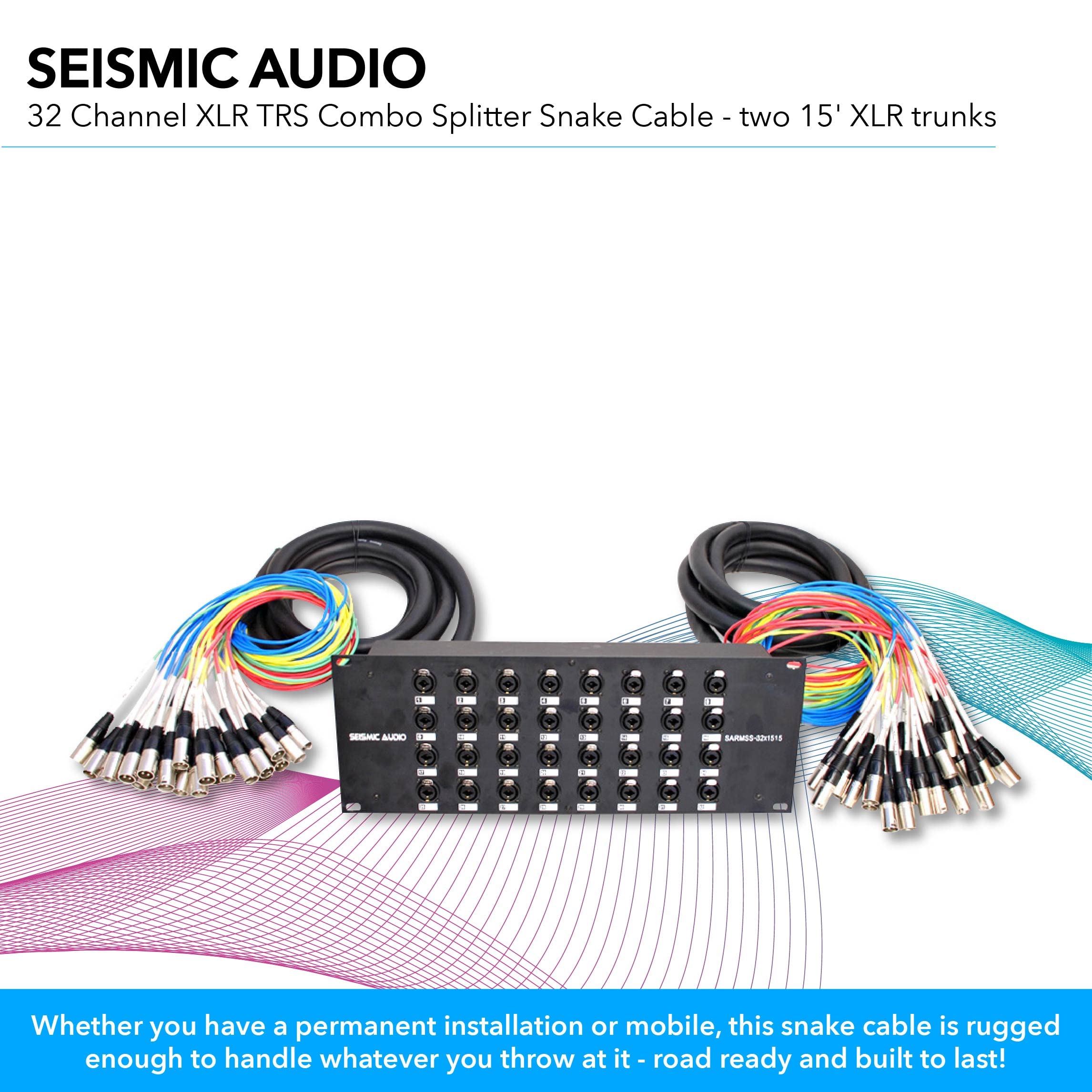 Audio splitter snake cable with black splitter box and two color-coded XLR trunk bundles