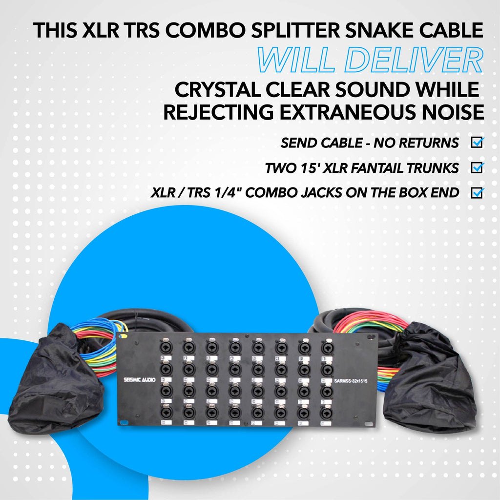 Audio splitter snake cable kit with black splitter box and two cable trunk fanouts