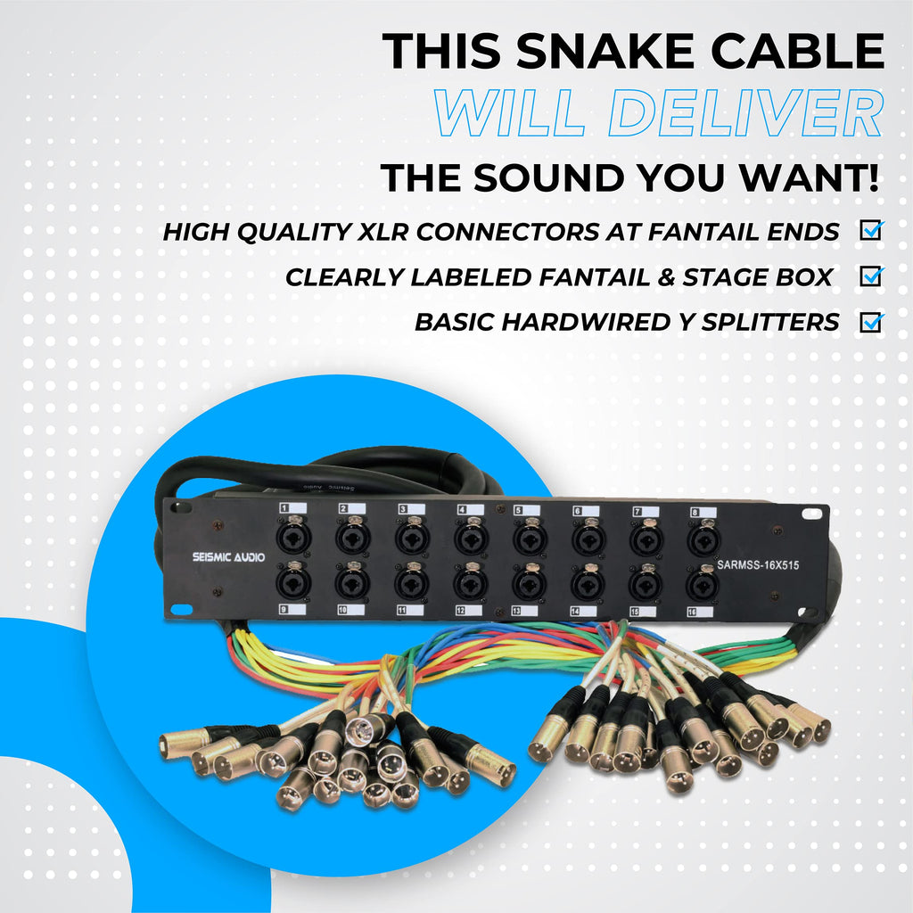 Rack mount 16-channel XLR/TRS splitter snake cable with multicolor wiring and XLR outputs