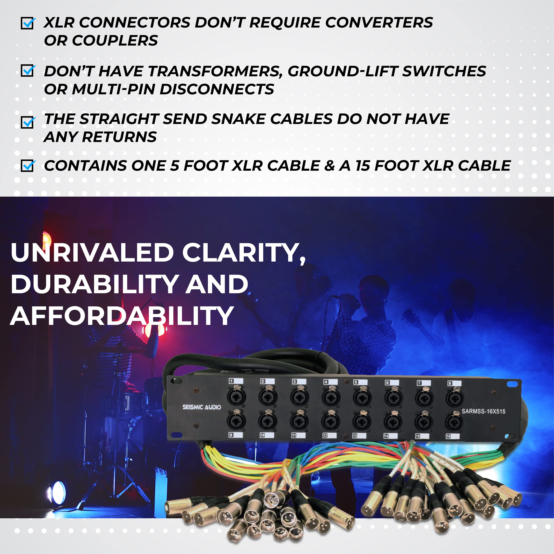 Rack mount 16-channel XLR/TRS splitter snake cable with multicolor trunks and XLR connectors