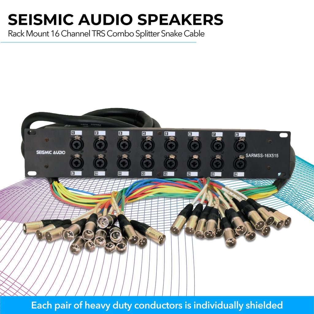 16-channel XLR/TRS splitter snake cable with rack panel and multicolor trunk cables