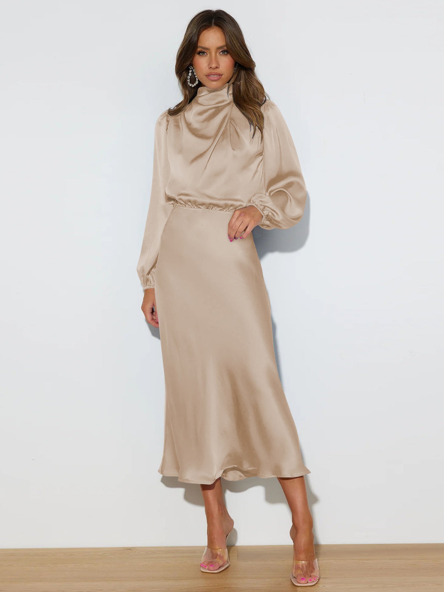 Beige long-sleeved satin midi dress with draped high neckline