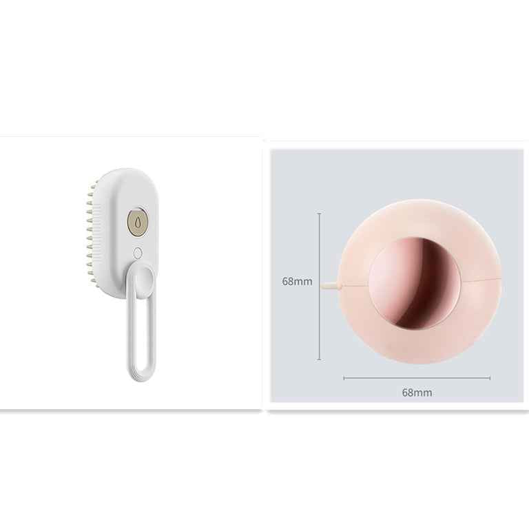 White electric pet steam brush with orange button, rounded head on a long handle.