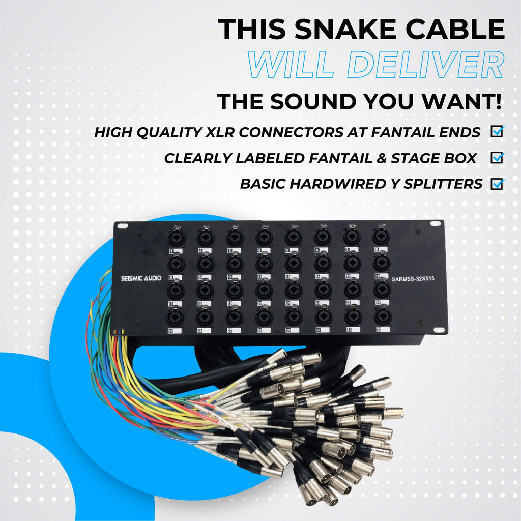 Rack-mount XLR/TRS splitter snake cable with 16 combo jacks and multiple XLR plug ends