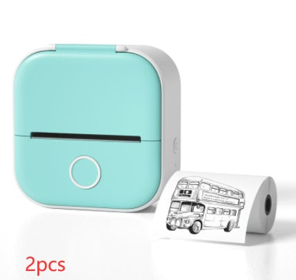 Mini thermal label printer, teal with USB-ready body and label roll