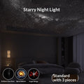 Star night light setup with bedside lamp projection in a dark bedroom