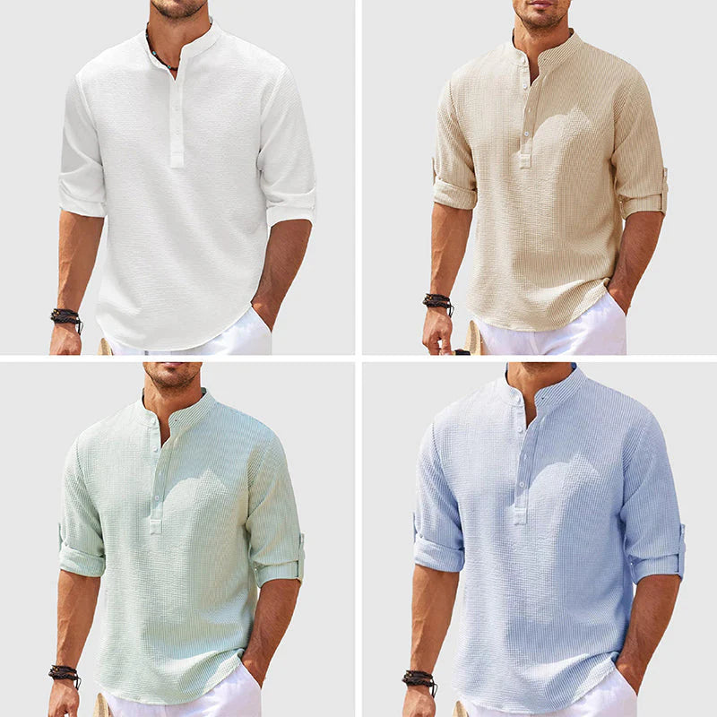 Men's stand-collar button-placket shirt in white, beige, mint, and light blue