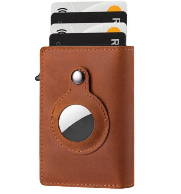 Men's slim card wallet in tan leather with round tag holder and metal top rivet.