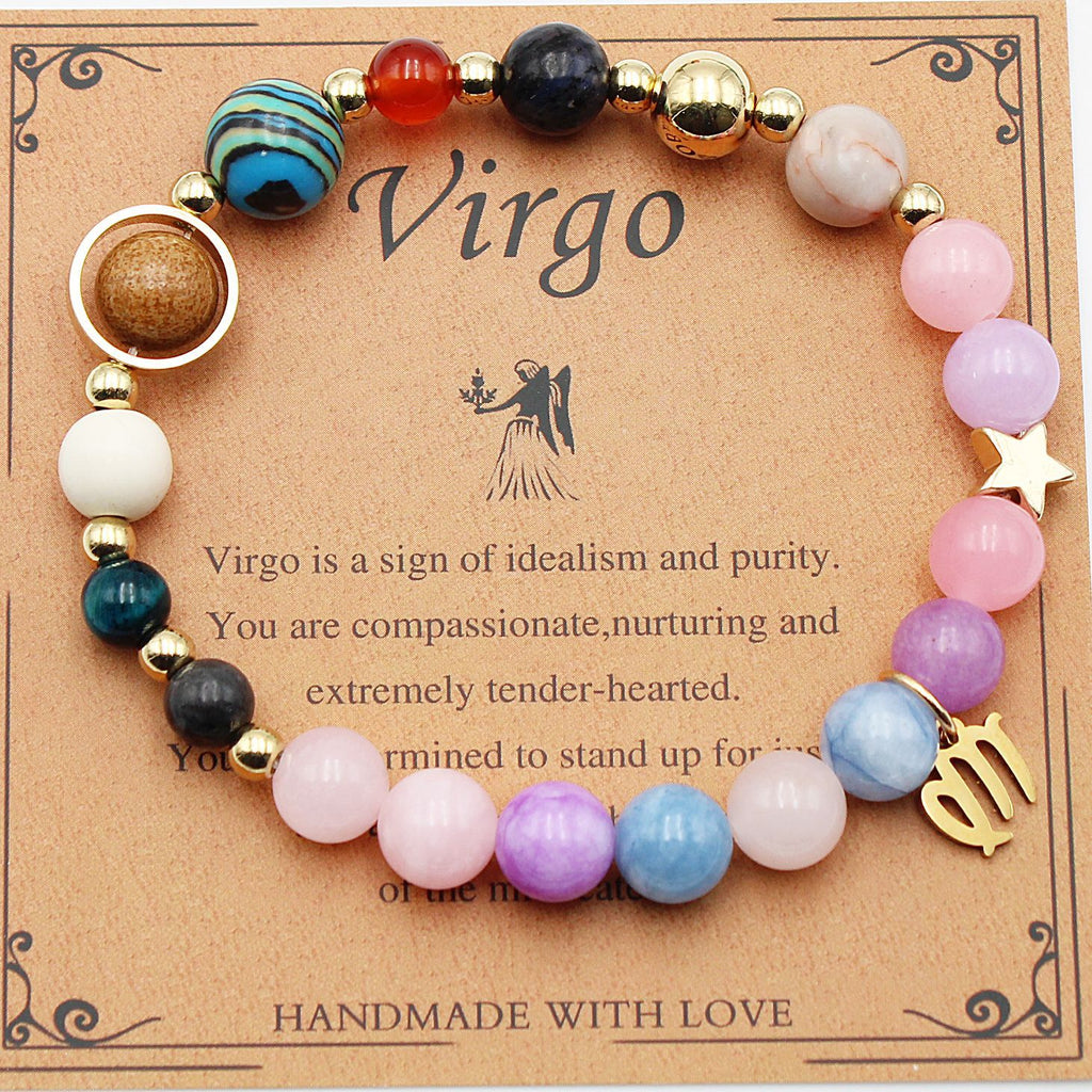 Virgo zodiac beaded bracelet with pastel beads and gold-tone angel charm
