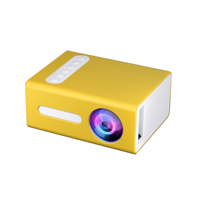 Yellow mini projector with side view, lens, and top control buttons