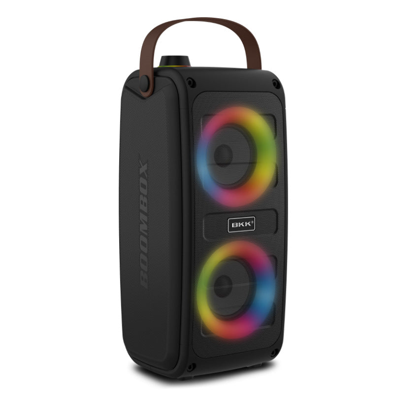 Black portable Bluetooth speaker, front view with handle and dual multicolor light rings.