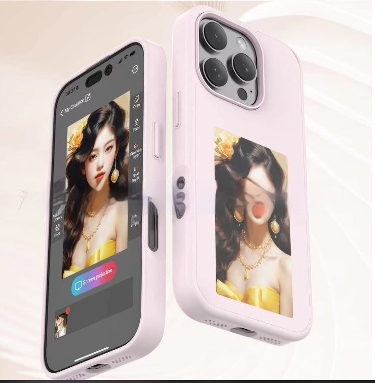 Pink and light purple phone cases with portrait photo in display window