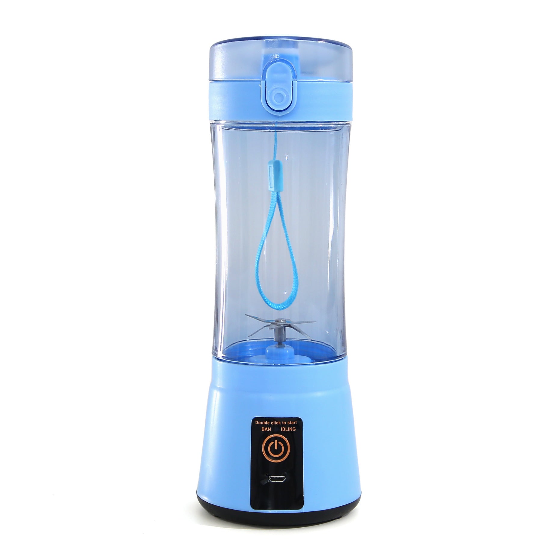 Portable electric fruit juicer, blue transparent cup with blade and base