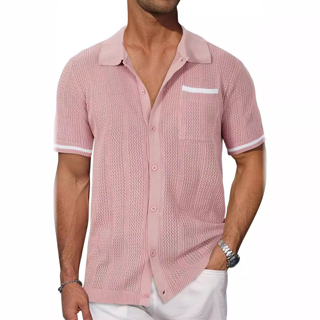 Men’s short-sleeve knit shirt, pink, button-front with chest pocket and light contrast trim.