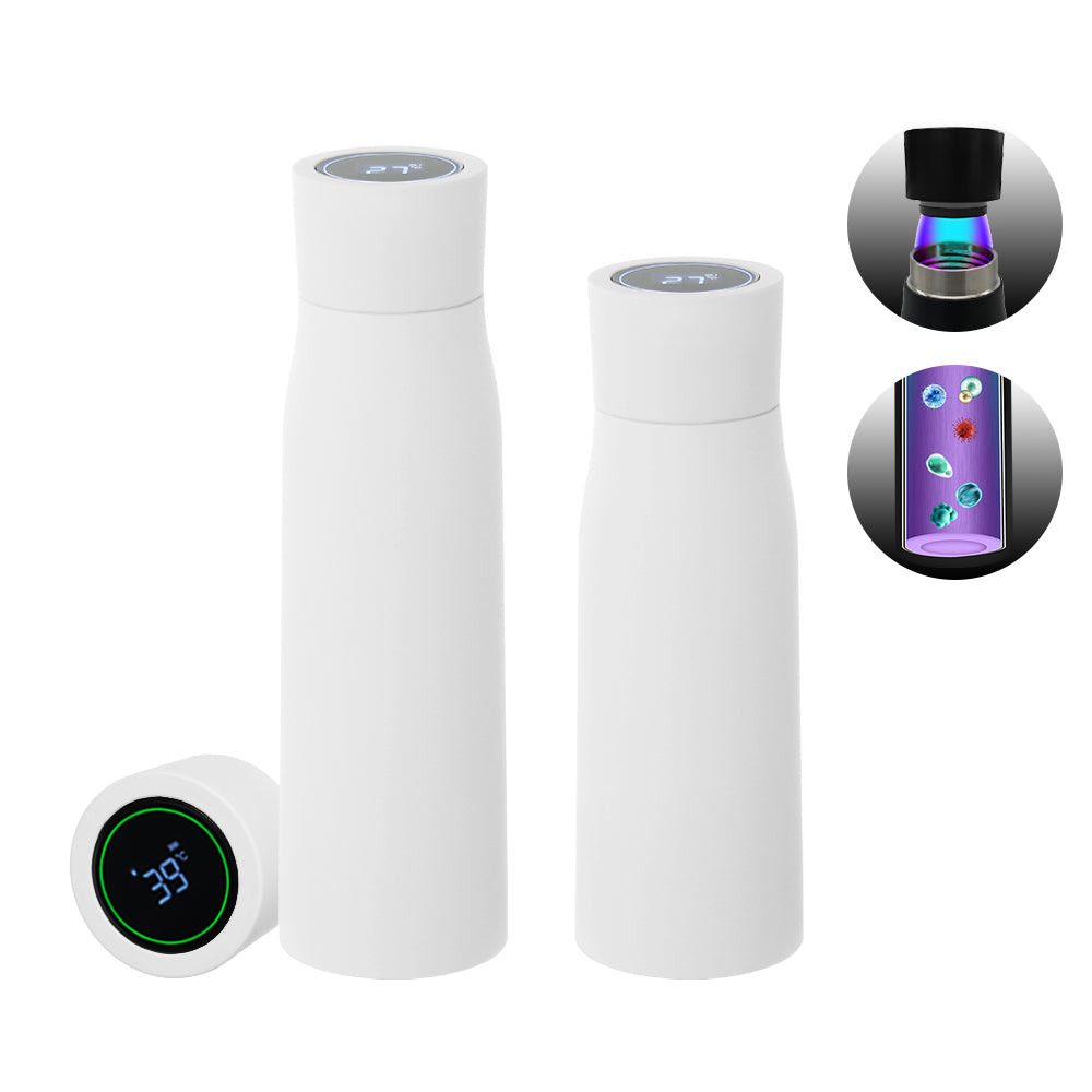 White insulated thermal water bottle tumbler with smart temperature display module