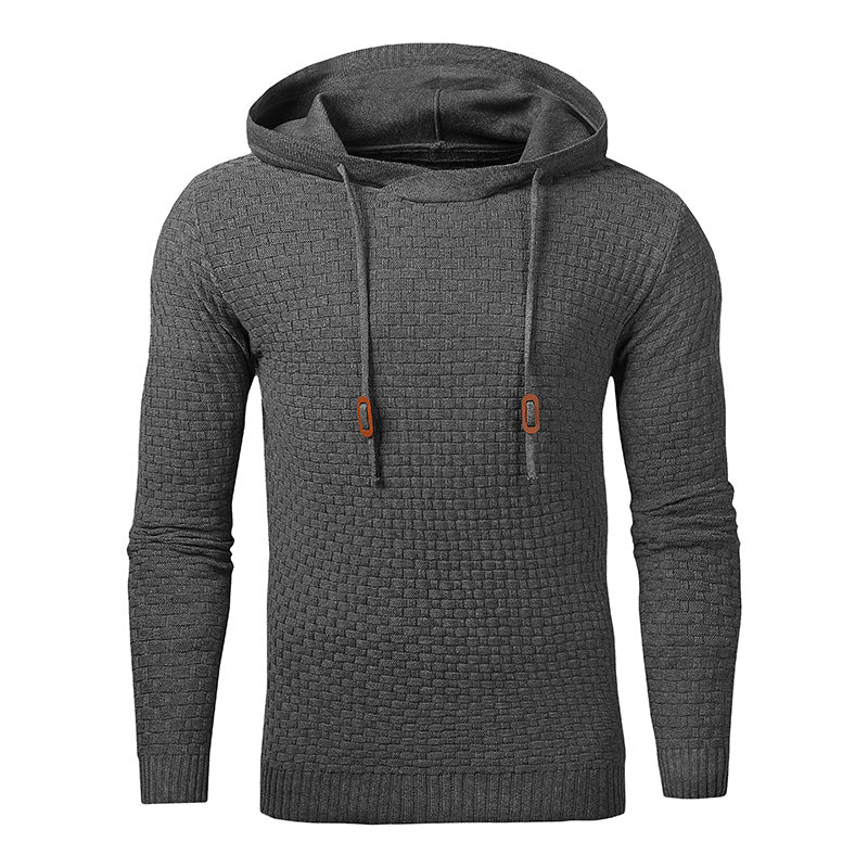 Men's hoodie sweater, dark gray textured knit, hood with drawstrings and front pocket