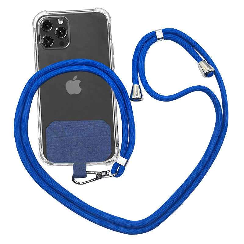 Phone lanyard strap with royal blue rope and metal clips for holding a phone