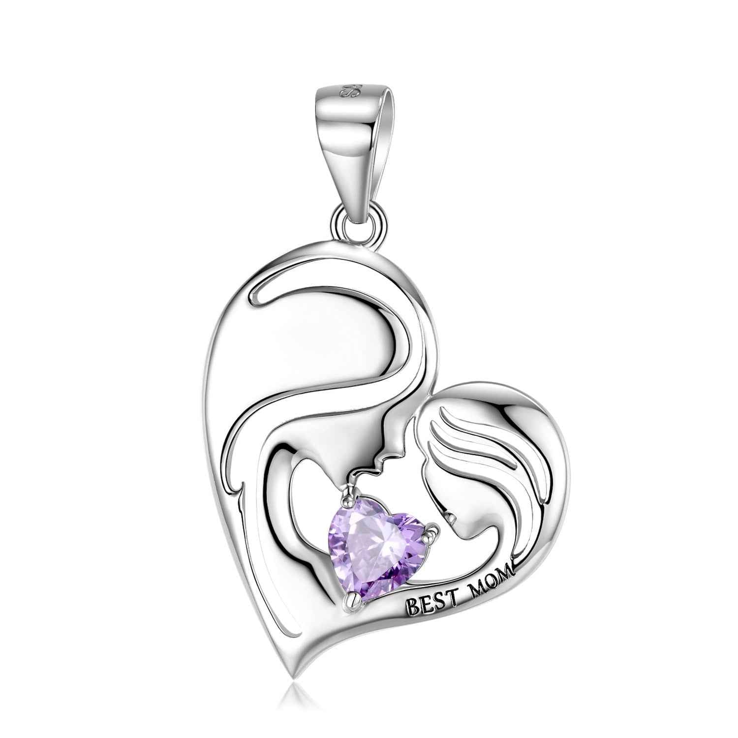 S925 sterling silver heart pendant necklace with purple heart gemstone and Best Mom engraving