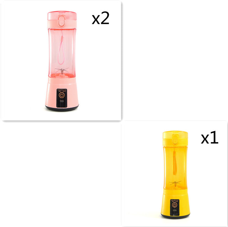Portable electric fruit juicer blender set: pink and yellow mini mixers with bases.